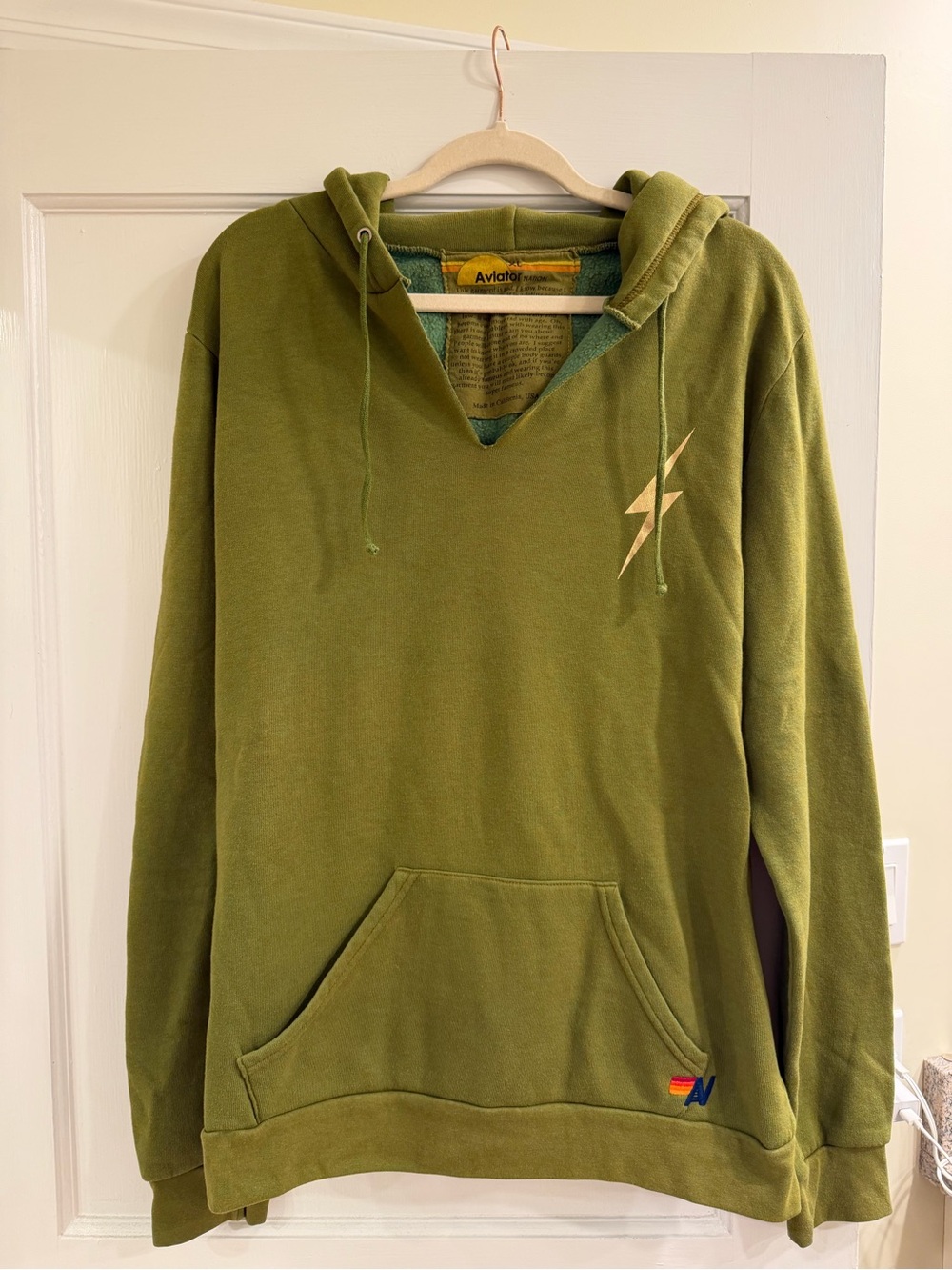 Aviator Nation Olive Green Pullover Hoodie with Gold lightning bolt, size XL